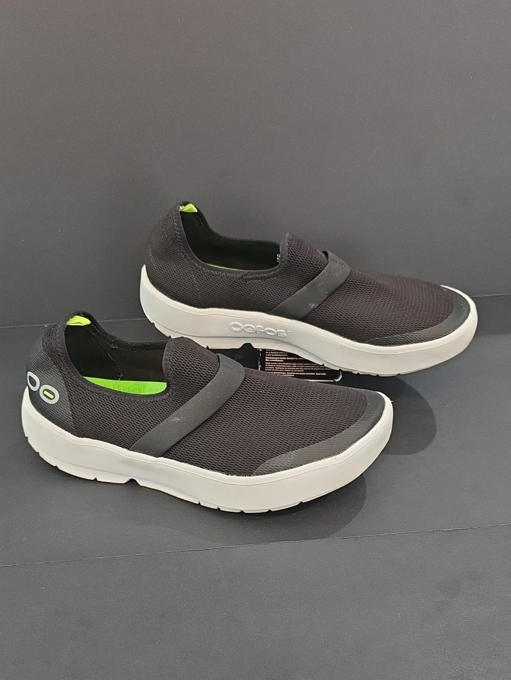 OOFOS Women's Black Slip-On Sneakers with Lime Accent Size 9
